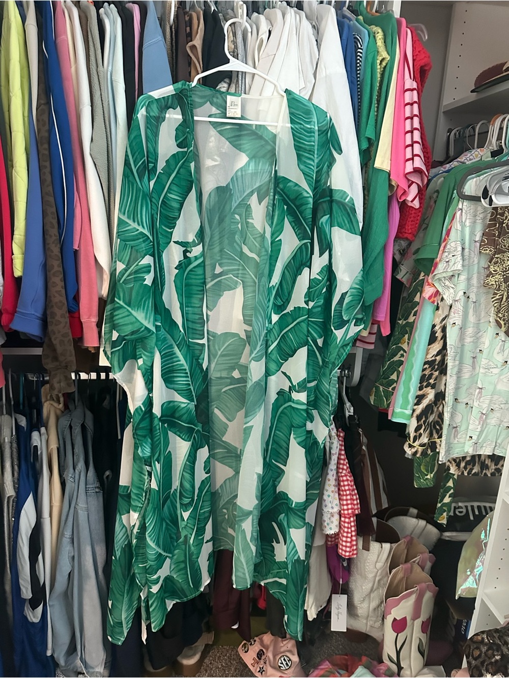 Green Leaf Print Sheer Duster Kimono - Brand